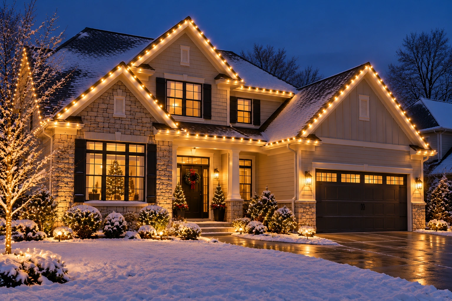 Concept rendering of a suburban home with professionally installed warm-white Christmas roofline lights.